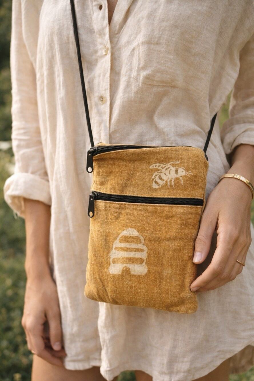 Handmade Bee Hive Crossbody Pouch Earthy Boho Minimalist Festival Travel Bag